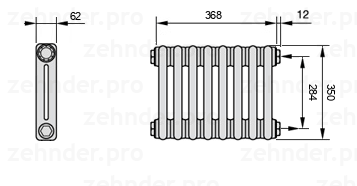 Схема (чертеж) Радиатор Zehnder Charleston 2035/8 №7610 Белый глянцевый RAL 9016